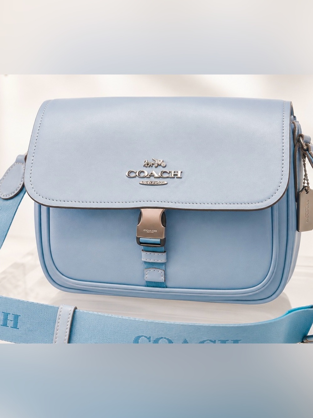 Coach Ice Blue Leather Crossbody Bag Messenger Purse Silver Hardware NWOT